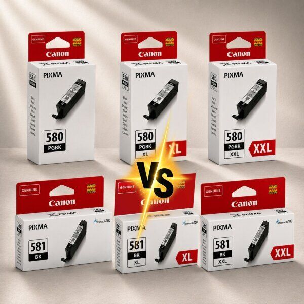 Canon PGI-580 / CLI-581 vs Canon PGI-580 XL / CLI-581 XL vs Canon PGI-580 XXL / CLI-581 XXL – Unterschiede bei Reichweite und Kosten