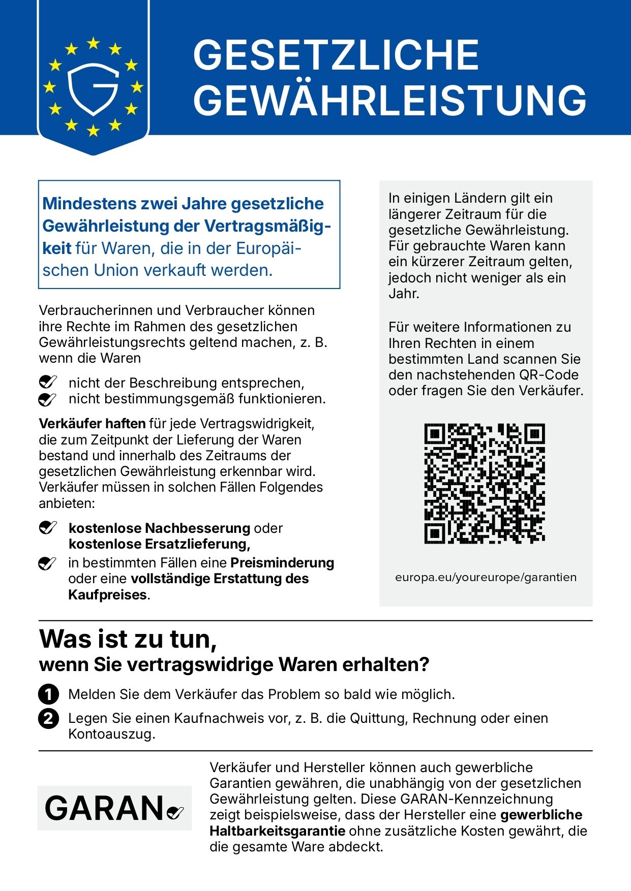 Hinweis zur gesetzlichen Garantie